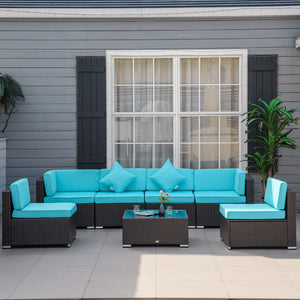 Outsunny 7-Piece Patio Furniture Set, Outdoor Wicker Conversation Set, All Weather PE Rattan Sectional Sofa Set with Cushions and Tempered Glass Top Coffee Table, Pillows, Turquoise