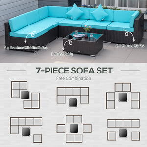 Outsunny 7-Piece Patio Furniture Set, Outdoor Wicker Conversation Set, All Weather PE Rattan Sectional Sofa Set with Cushions and Tempered Glass Top Coffee Table, Pillows, Turquoise