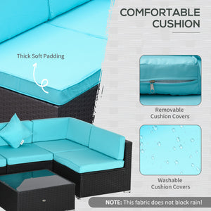 Outsunny 7-Piece Patio Furniture Set, Outdoor Wicker Conversation Set, All Weather PE Rattan Sectional Sofa Set with Cushions and Tempered Glass Top Coffee Table, Pillows, Turquoise