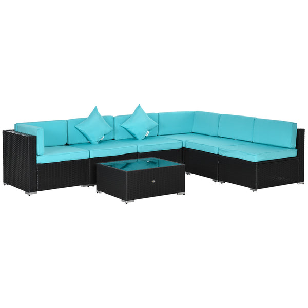 Outsunny 7-Piece Patio Furniture Set, Outdoor Wicker Conversation Set, All Weather PE Rattan Sectional Sofa Set with Cushions and Tempered Glass Top Coffee Table, Pillows, Turquoise