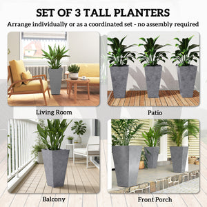 28 Inch Tall Planters for Outdoor Plants, Set of 3 Plastic Flower Pots with Marble Finish and Drainage Holes, Stackable Tapered Large Planters for Indoor Plants, Front Porch Decor, Gray