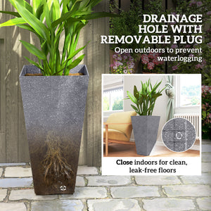 28 Inch Tall Planters for Outdoor Plants, Set of 3 Plastic Flower Pots with Marble Finish and Drainage Holes, Stackable Tapered Large Planters for Indoor Plants, Front Porch Decor, Gray