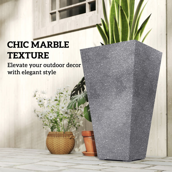 28 Inch Tall Planters for Outdoor Plants, Set of 3 Plastic Flower Pots with Marble Finish and Drainage Holes, Stackable Tapered Large Planters for Indoor Plants, Front Porch Decor, Gray