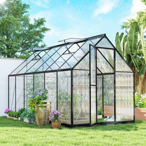 11x6 ft Polycarbonate Greenhouse with Swing Door and Two Adjustable Roof Vents, Aluminum Walk-in Greenhouse Outdoor Greenhouse for Patio Garden Backyard, Black