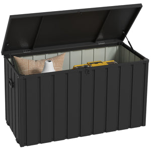 119 Gallon Deck Box, Outdoor Storage Box with Wheels and Handles, Lockable Galvanised Steel Outside Storage Container for Tools, Cushions, Dark Grey