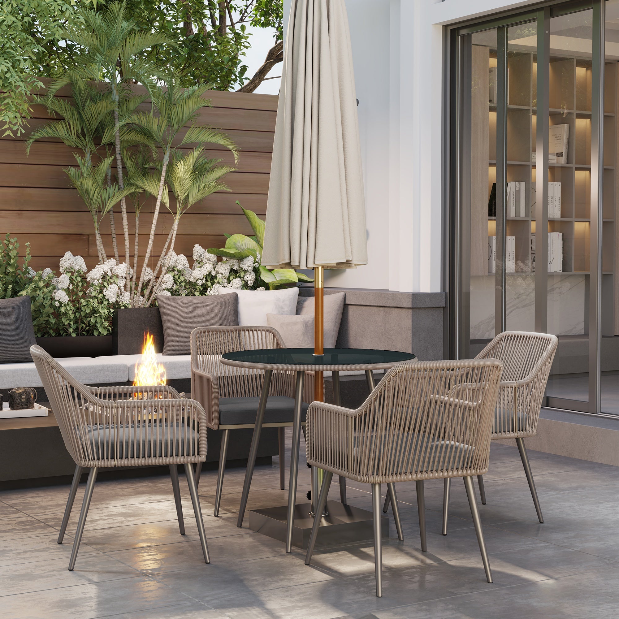 Seater Rattan Dining Set with Parasol Hole Cushions for Patio, Garden, Light Brown