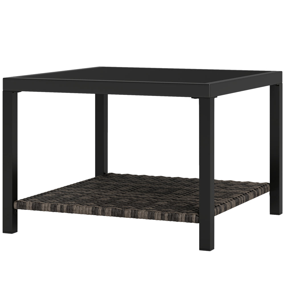 Outdoor Rattan Outdoor Coffee Table, 23.6" Square Patio End Table with Tempered Glass Tabletop, Storage Shelf, Steel Frame, Wicker Side Table for Backyard Lawn Balcony, Black