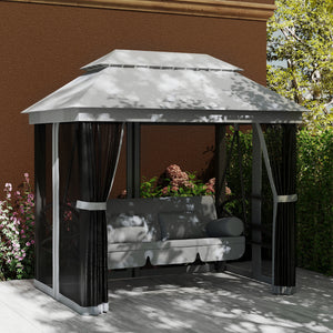 3-Seat Patio Swing Chair, Outdoor Gazebo Swing with Double Tier Canopy, Mesh Sidewalls, Cushioned Seat and Pillows, Gray