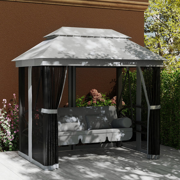 3-Seat Patio Swing Chair, Outdoor Gazebo Swing with Double Tier Canopy, Mesh Sidewalls, Cushioned Seat and Pillows, Gray