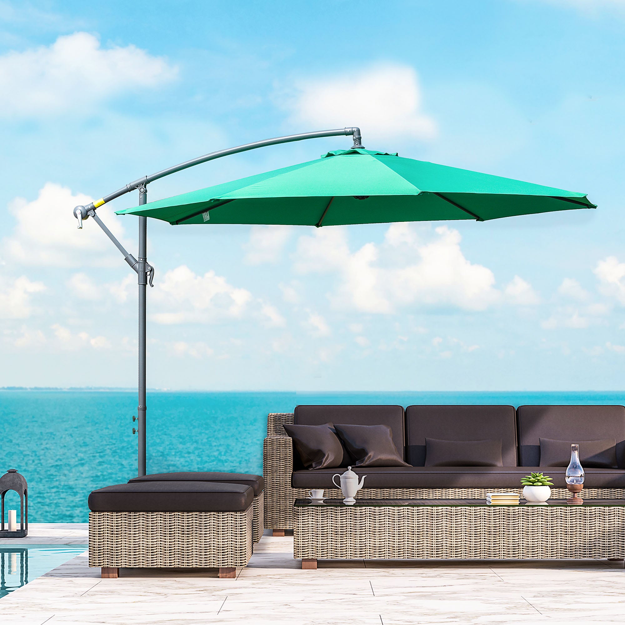 Outsunny 10' Offset Cantilever Patio Umbrella with Base & Crank, Green