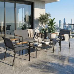 4 Seater Garden Furniture Set with Loveseat, 2 Armchairs, Metal-Top Table, Metal Garden Sofa Set with Breathable Mesh Seats, Outdoor Furniture Conversation Sets, Grey