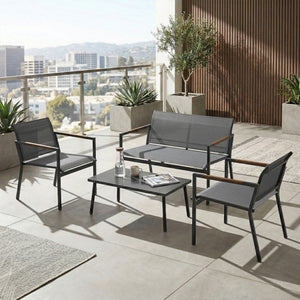 4 Seater Garden Furniture Set with Loveseat, 2 Armchairs, Metal-Top Table, Metal Garden Sofa Set with Breathable Mesh Seats, Outdoor Furniture Conversation Sets, Grey