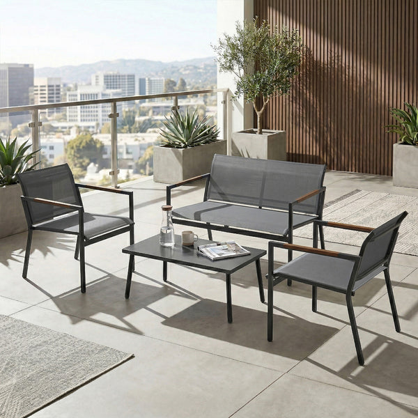 4 Seater Garden Furniture Set with Loveseat, 2 Armchairs, Metal-Top Table, Metal Garden Sofa Set with Breathable Mesh Seats, Outdoor Furniture Conversation Sets, Grey