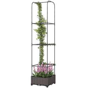 Raised Garden Bed with Trellis, Self Watering Plastic Planter Box with Drainage Holes, Drain Plugs and Water Reservoirs for Climbing Plants, Vegetables, Flowers, 40 x 40 x 179 cm, Black