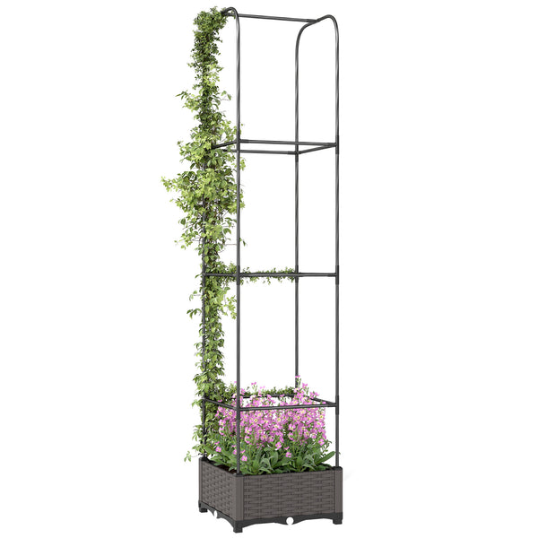 Raised Garden Bed with Trellis, Self Watering Plastic Planter Box with Drainage Holes, Drain Plugs and Water Reservoirs for Climbing Plants, Vegetables, Flowers, 40 x 40 x 179 cm, Black