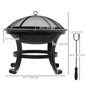 21.7" x 21.7" x 19.7" Outdoor Fire Pit with Mesh Lid, Wood Burner, Log Burning Bowl with Poker for Patio, Backyard, Black