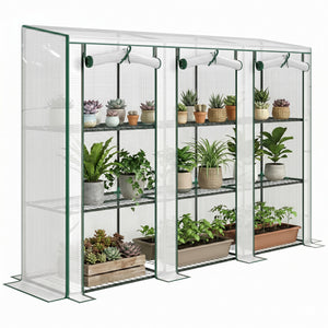 Lean-to Mini Greenhouse 84.6" x 18.1" x 56.7" with 3 Tier Shelves, Portable Garden Hot House with 3 Roll-Up Doors, PE Cover Plant Grow House for Indoor & Outdoor, White