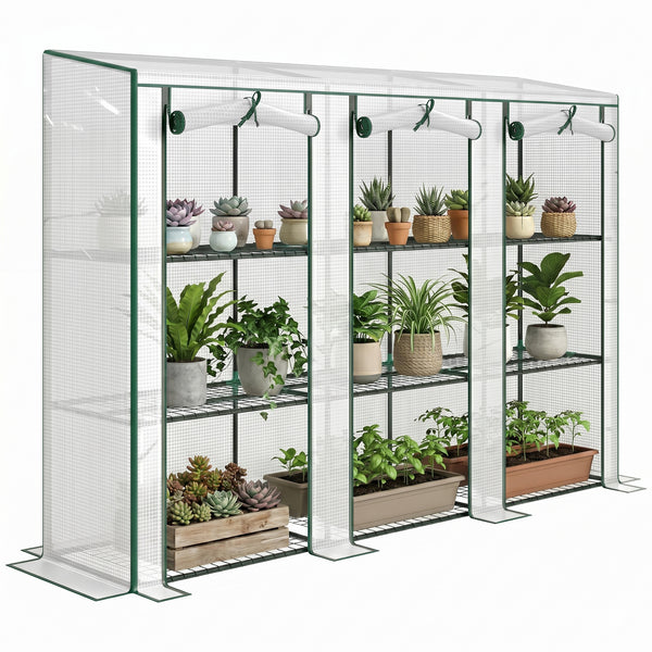 Lean-to Mini Greenhouse 84.6" x 18.1" x 56.7" with 3 Tier Shelves, Portable Garden Hot House with 3 Roll-Up Doors, PE Cover Plant Grow House for Indoor & Outdoor, White