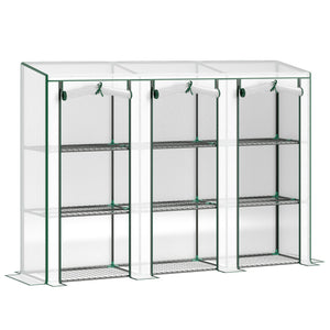 Lean-to Mini Greenhouse 84.6" x 18.1" x 56.7" with 3 Tier Shelves, Portable Garden Hot House with 3 Roll-Up Doors, PE Cover Plant Grow House for Indoor & Outdoor, White