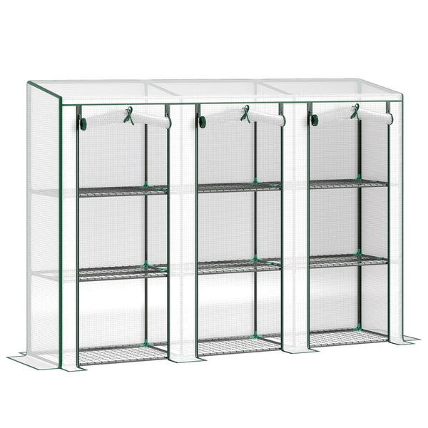 Lean-to Mini Greenhouse 84.6" x 18.1" x 56.7" with 3 Tier Shelves, Portable Garden Hot House with 3 Roll-Up Doors, PE Cover Plant Grow House for Indoor & Outdoor, White