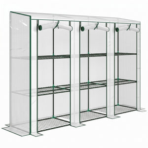 Lean-to Mini Greenhouse 84.6" x 18.1" x 56.7" with 3 Tier Shelves, Portable Garden Hot House with 3 Roll-Up Doors, PE Cover Plant Grow House for Indoor & Outdoor, White
