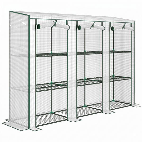 Lean-to Mini Greenhouse 84.6" x 18.1" x 56.7" with 3 Tier Shelves, Portable Garden Hot House with 3 Roll-Up Doors, PE Cover Plant Grow House for Indoor & Outdoor, White