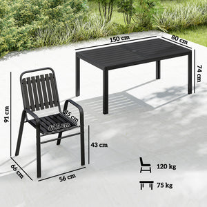 Garden Table and Chairs Set for 6 with Umbrella Hole, 7 Pieces Outdoor Dining Set with Rectangular Metal Slatted Tabletop and Stackable Chairs for Patio Porch, Black