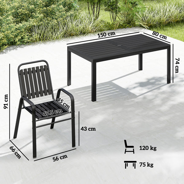Garden Table and Chairs Set for 6 with Umbrella Hole, 7 Pieces Outdoor Dining Set with Rectangular Metal Slatted Tabletop and Stackable Chairs for Patio Porch, Black