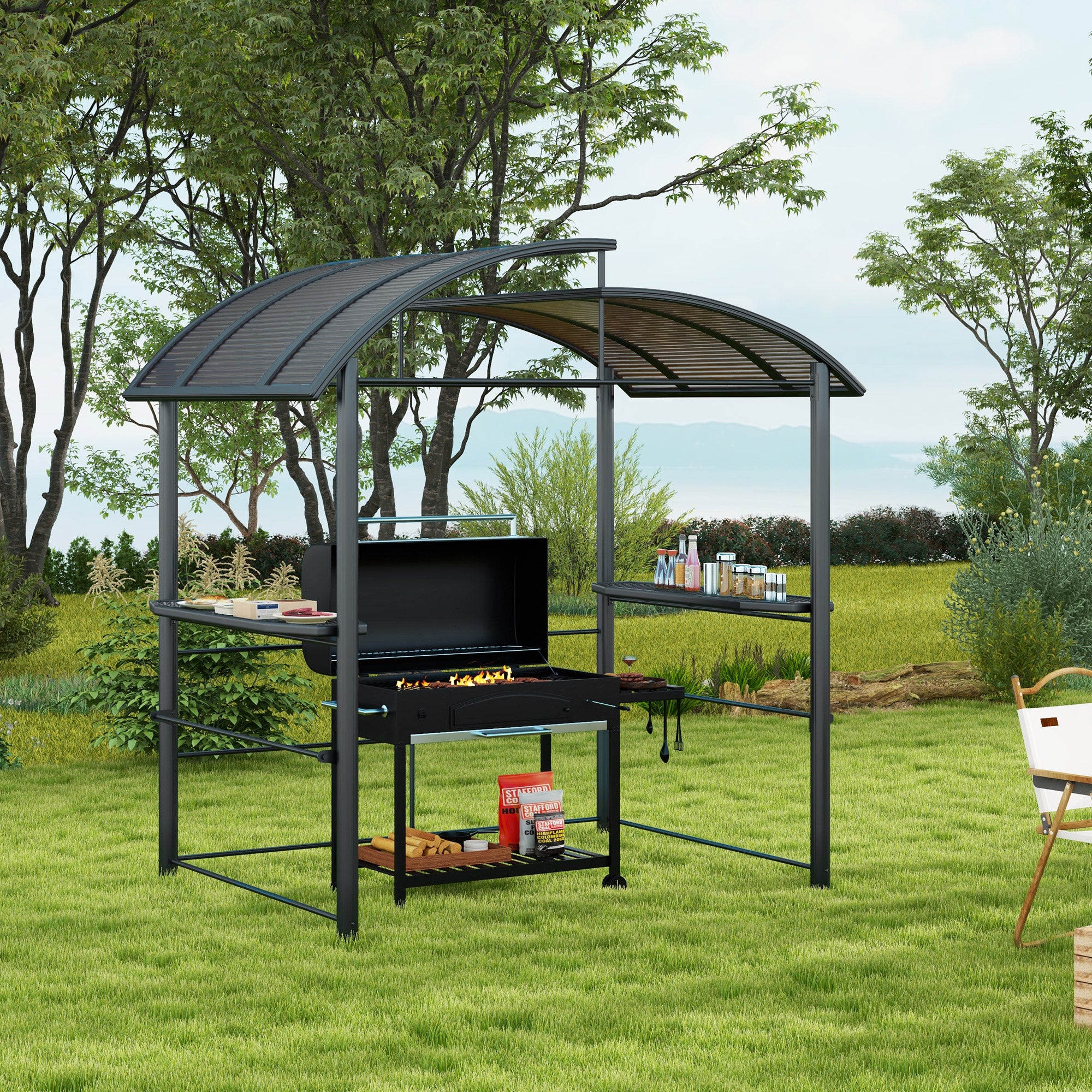 grill tent Outsunny Outdoor Grill Gazebo 8x5 with Vented PC Roof Side Shelves Canopy Shelter
