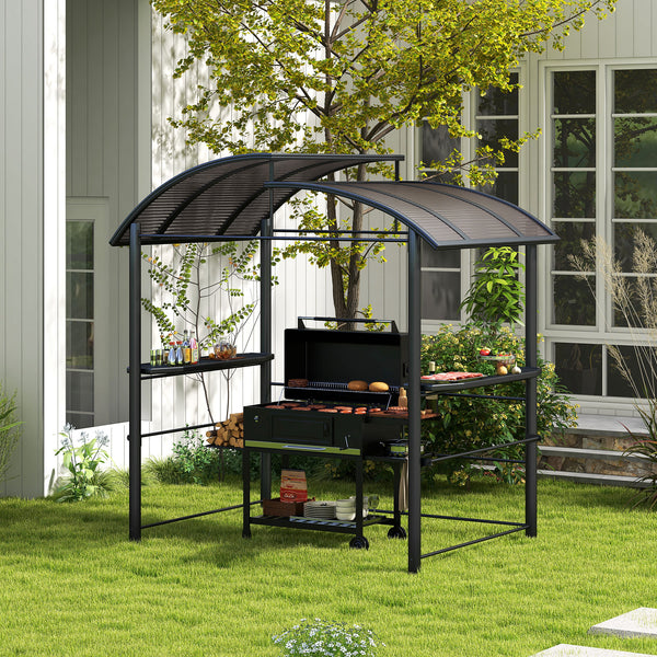 Outsunny 8' x 5' Grill Gazebo Shelter with Interlaced Vented Polycarbonate Roof, Outdoor BBQ Canopy with Side Shelves, Aluminum and Steel Frame for Garden, Patio, Backyard, Dark Gray