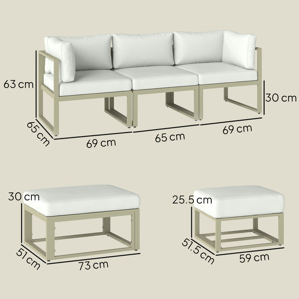 Garden Daybed, 6 Piece Outdoor Sectional Sofa Set, Aluminium Patio Conversation Furniture Set with Coffee Table, Footstool and Cushions, Cream White