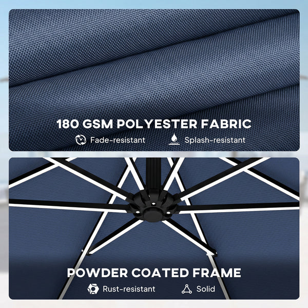 3 m Garden Cantilever Parasol with LED Solar Light, Round Overhanging Umbrella with 6-Position 360° Rotation, Crank Handle, Tilt, Cover, Banana Patio Umbrella for Outdoor Sun Shade, Navy Blue