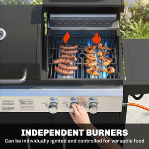 2+1 Burner Hybrid Dual Fuel BBQ Gas Grill, 2-in-1 Portable Propane & Charcoal Barbecue Grill Smoker Combo with Wheels, Warming Rack, Built-in Thermometer, Side Shelves, Cabinet, Lid, Black