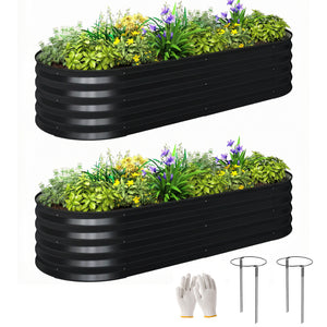 Set of 2 Raised Beds for Garden, Outdoor Galvanised Planter Box with Plant Support Stakes, Rubber Strap Edging and Bottomless for Flower, Vegetable, 150 x 60 x 30 cm, Dark Grey