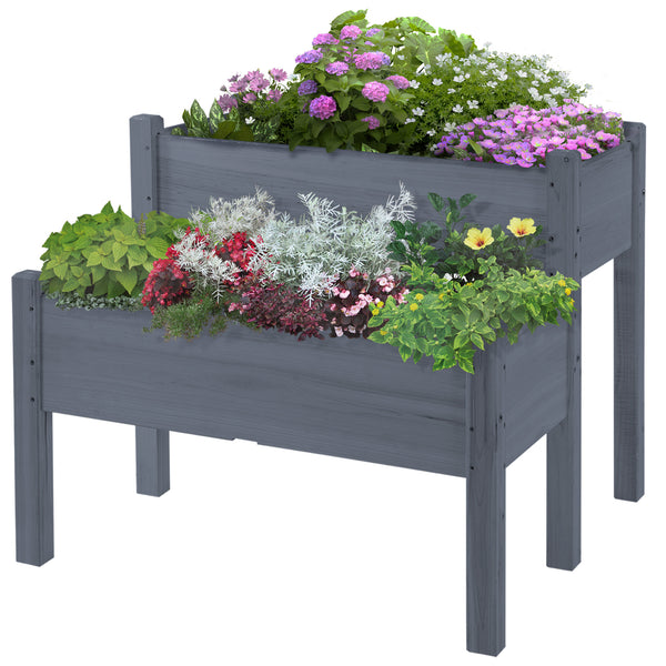 Outsunny 34"x34"x28" Raised Garden Bed, 2-Tier Elevated Wood Planter Box for Backyard, Patio to Grow Vegetables, Herbs, and Flowers, Gray