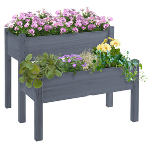 Outsunny 34"x34"x28" Raised Garden Bed, 2-Tier Elevated Wood Planter Box for Backyard, Patio to Grow Vegetables, Herbs, and Flowers, Gray