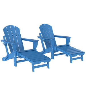 Folding Adirondack Chair Set of 2, Outdoor HDPE Fire Pit Chair with Retractable Ottoman, Cup Holder and Large Seat for Deck, Garden, Backyard, Blue
