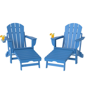 Folding Adirondack Chair Set of 2, Outdoor HDPE Fire Pit Chair with Retractable Ottoman, Cup Holder and Large Seat for Deck, Garden, Backyard, Blue