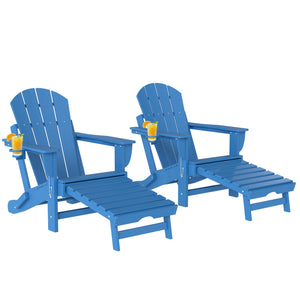 Folding Adirondack Chair Set of 2, Outdoor HDPE Fire Pit Chair with Retractable Ottoman, Cup Holder and Large Seat for Deck, Garden, Backyard, Blue