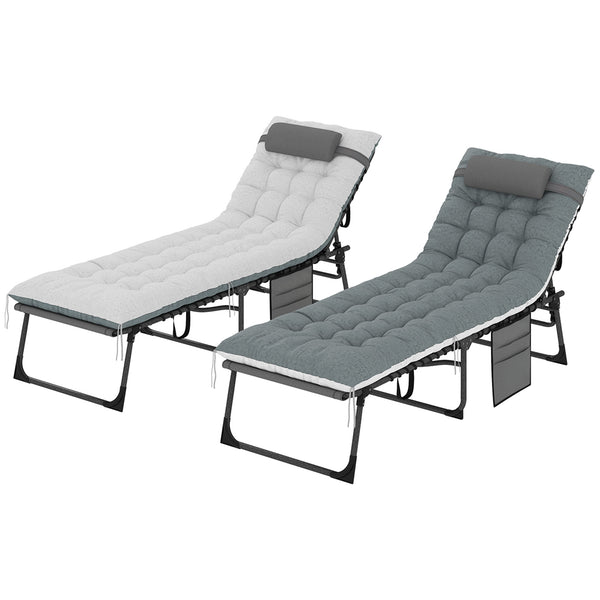 Folding Outdoor Lounge Chair Set of 2, 5-Position Reclining Patio Chaise Lounge Chairs, Tanning Chair with Cushion, Headrest, Side Pocket for Beach, Poolside, Grey