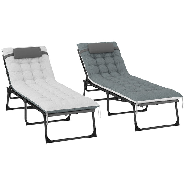 Folding Outdoor Lounge Chair Set of 2, 5-Position Reclining Patio Chaise Lounge Chairs, Tanning Chair with Cushion, Headrest, Side Pocket for Beach, Poolside, Grey
