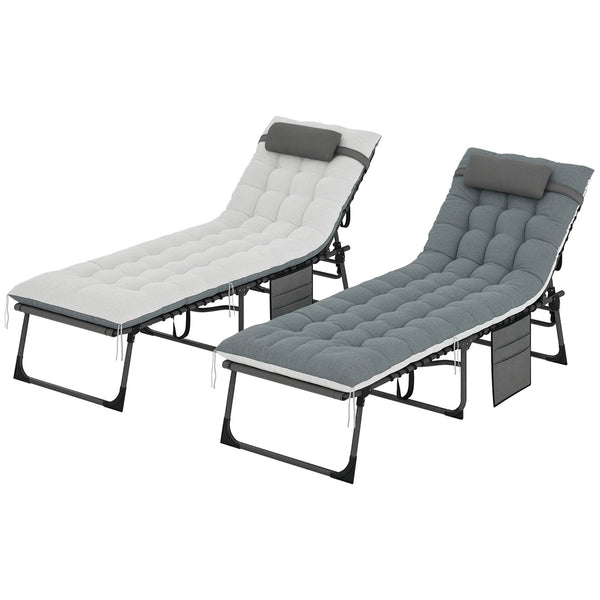 Folding Outdoor Lounge Chair Set of 2, 5-Position Reclining Patio Chaise Lounge Chairs, Tanning Chair with Cushion, Headrest, Side Pocket for Beach, Poolside, Grey