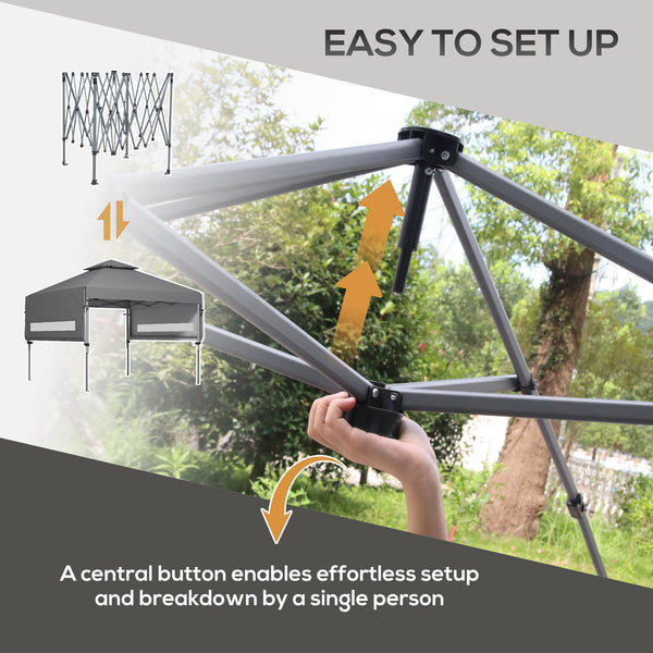 3 x 3(m) Pop Up Gazebo with Extend Dual Awnings, 1 Person Easy up Marquee Party Tent with 1-Button Push, Double Roof, Wheeled Bag, Sandbags, Height Adjustable Instant Shelter, Grey