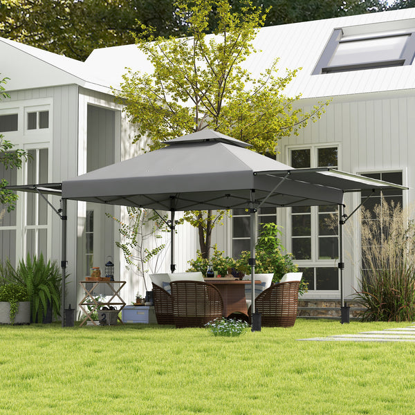3 x 3(m) Pop Up Gazebo with Extend Dual Awnings, 1 Person Easy up Marquee Party Tent with 1-Button Push, Double Roof, Wheeled Bag, Sandbags, Height Adjustable Instant Shelter, Grey