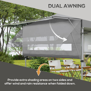 3 x 3(m) Pop Up Gazebo with Extend Dual Awnings, 1 Person Easy up Marquee Party Tent with 1-Button Push, Double Roof, Wheeled Bag, Sandbags, Height Adjustable Instant Shelter, Grey