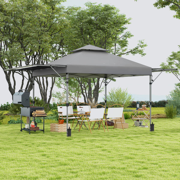 3 x 3(m) Pop Up Gazebo with Extend Dual Awnings, 1 Person Easy up Marquee Party Tent with 1-Button Push, Double Roof, Wheeled Bag, Sandbags, Height Adjustable Instant Shelter, Grey
