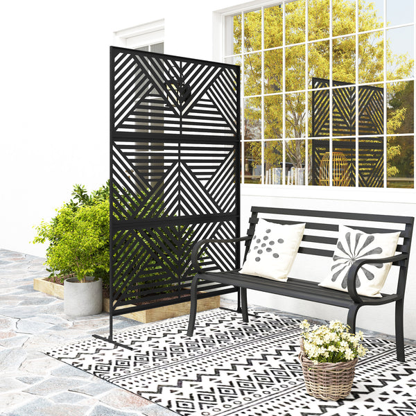 Outsunny Metal Outdoor Privacy Screen, 78" H x 48" W Decorative Privacy Fence Screen, Freestanding Outdoor Divider with Stand, Climbing Plant Trellis for Garden Walkway, Balcony, Patio, Rhombus Black