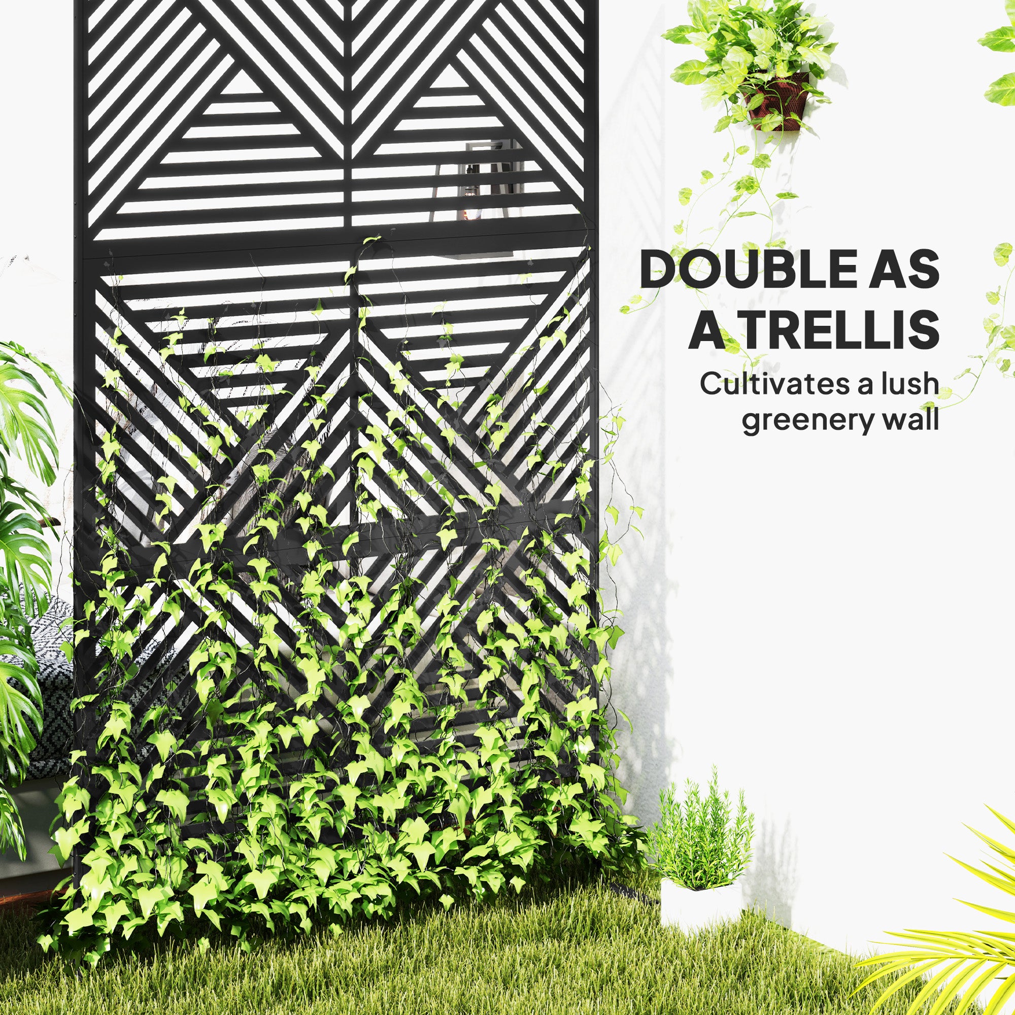 privacy trellis above 6 foot fence for plants Outsunny Decorative Privacy Fence Screen, Metal Outdoor Privacy Screen Climbing Plant Trellis with Stand, Rhombus Black