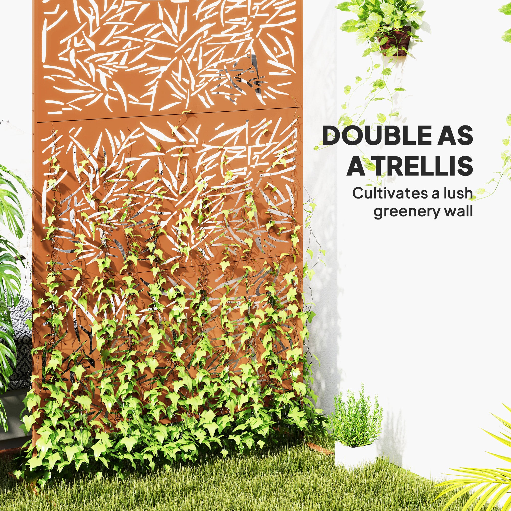 succulent privacy screen Outsunny Decorative Privacy Fence Screen, Metal Outdoor Privacy Screen Climbing Plant Trellis with Stand, Bamboo Brown
