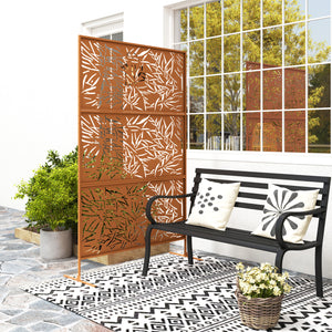 Outsunny Metal Outdoor Privacy Screen, 78" H x 48" W Decorative Privacy Fence Screen, Freestanding Outdoor Divider with Stand, Climbing Plant Trellis for Garden Walkway, Balcony, Patio, Bamboo Brown